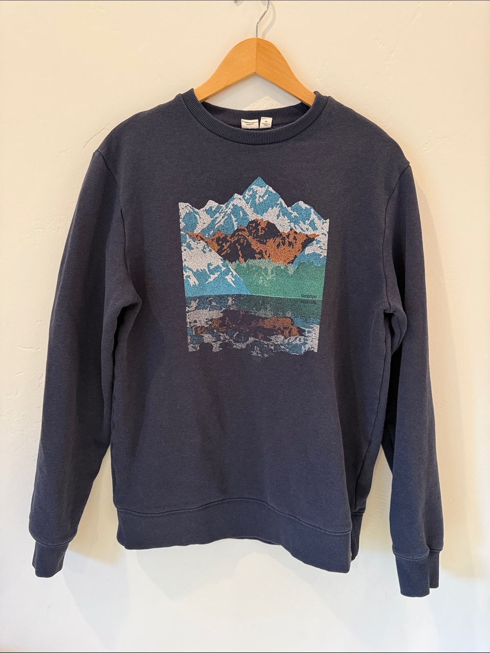 tentree Navy Crewneck Sweatshirt with Blue, Green & Brown Mountain Graphic